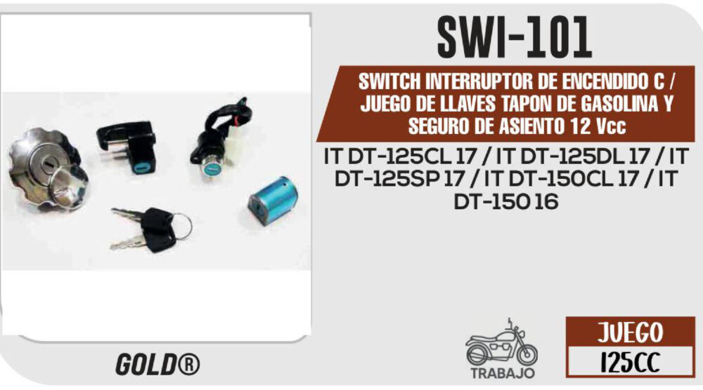SWITCH INTERRUPTOR DE ENCENDIDO TAPON DE GASOLINA Y SEGURO DE ASIENTO 12Vcc C/JUEGO DE LLAVES