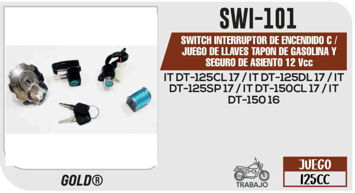 SWITCH INTERRUPTOR DE ENCENDIDO TAPON DE GASOLINA Y SEGURO DE ASIENTO 12Vcc C/JUEGO DE LLAVES