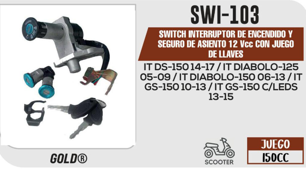SWITCH INTERRUPTOR DE ENCENDIDO Y SEGURO DE ASIENTO 12Vcc CON JUEGO DE LLAVES