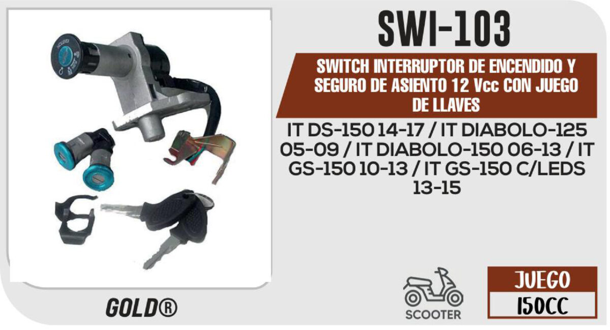 SWITCH INTERRUPTOR DE ENCENDIDO Y SEGURO DE ASIENTO 12Vcc CON JUEGO DE LLAVES