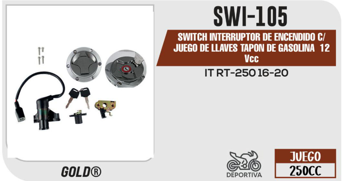 SWITCH INTERRUPTOR DE ENCENDIDO C/JUEGO DE LLAVES TAPON DE GASOLINA 12Vcc