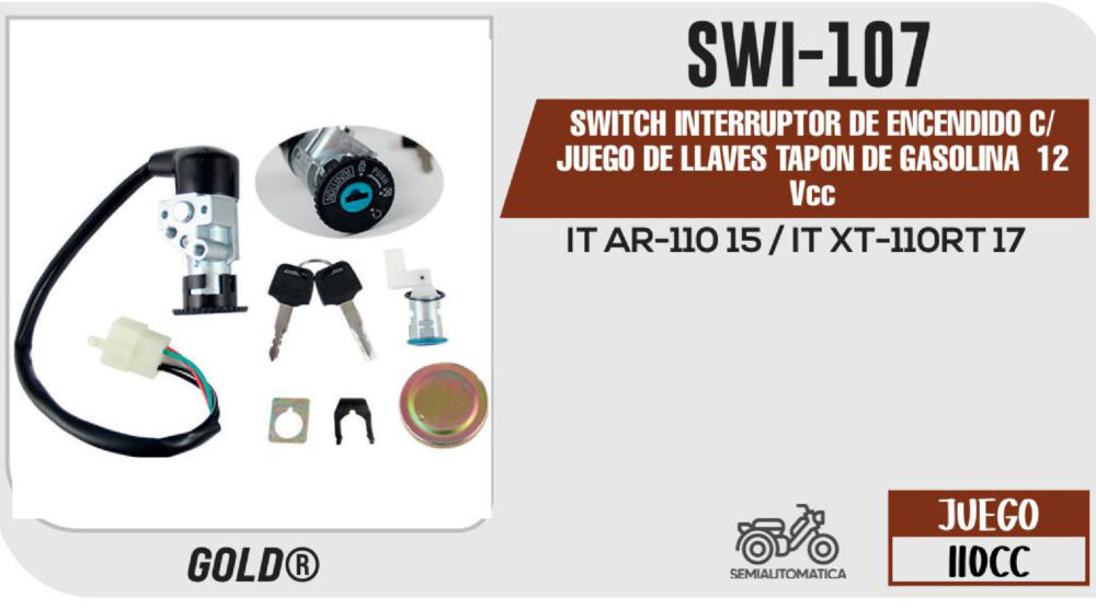 SWITCH INTERRUPTOR DE ENCENDIDO C/JUEGO DE LLAVES TAPON DE GASOLINA 12Vcc
