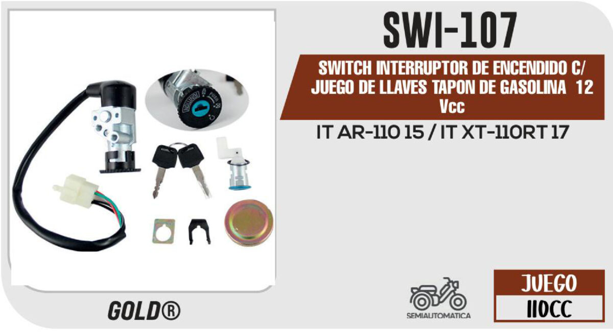 SWITCH INTERRUPTOR DE ENCENDIDO C/JUEGO DE LLAVES TAPON DE GASOLINA 12Vcc