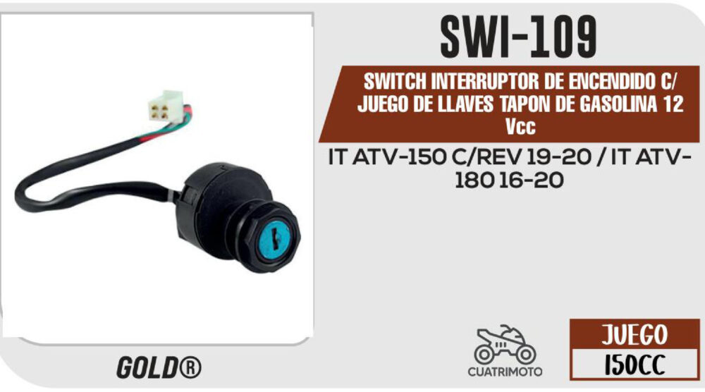 SWITCH INTERRUPTOR DE ENCENDIDO C/ JUEGO DE LLAVES TAPON DE GASOLINA 12Vcc