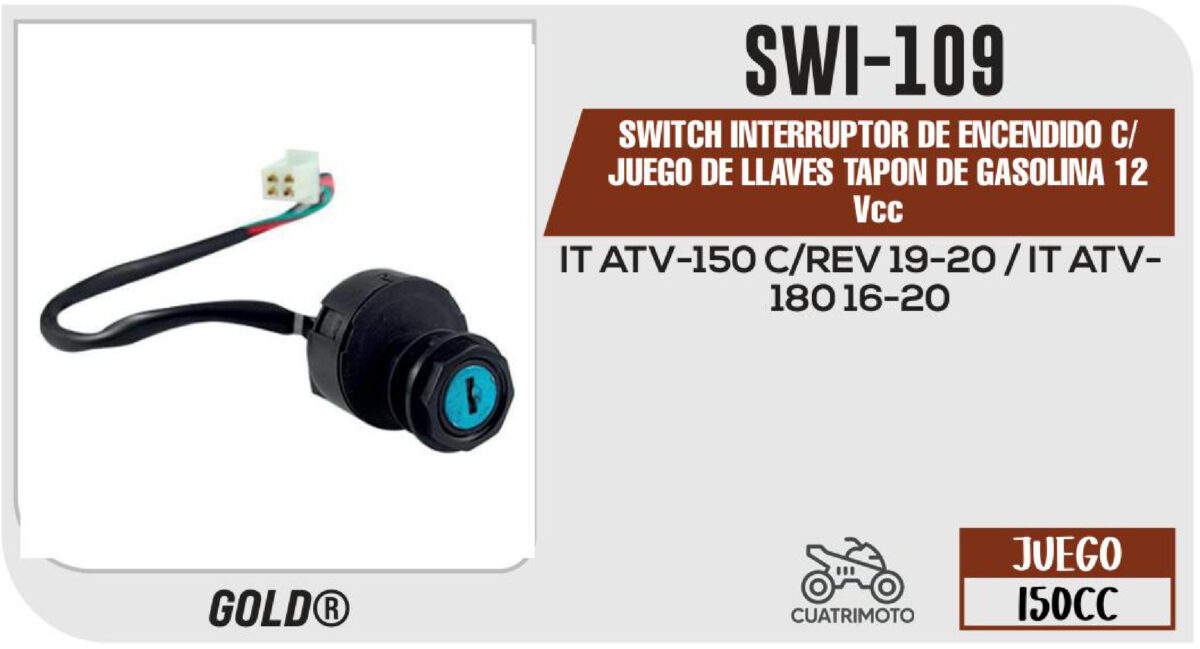 SWITCH INTERRUPTOR DE ENCENDIDO C/ JUEGO DE LLAVES TAPON DE GASOLINA 12Vcc