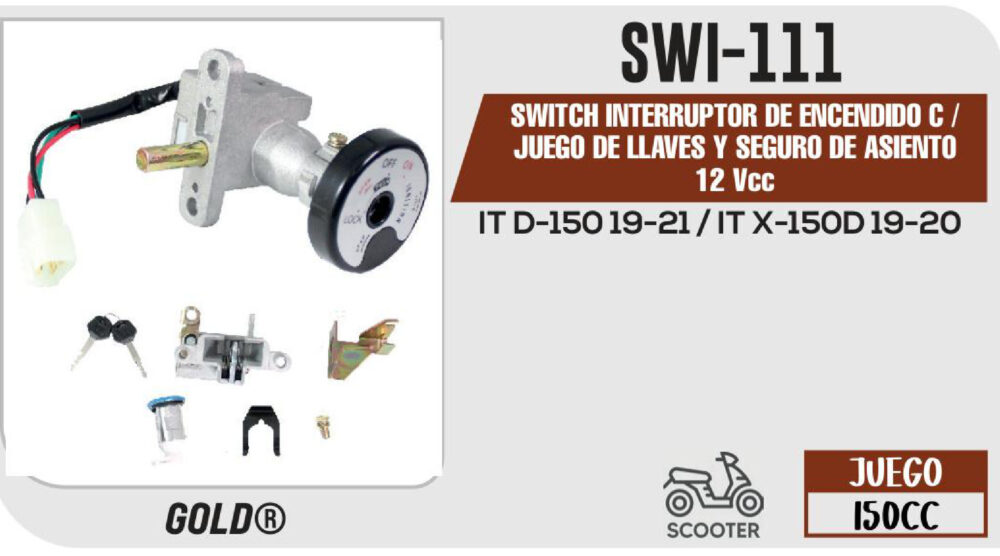 SWITCH INTERRUPTOR DE ENCENDIDO C /JUEGO DE LLAVES Y SEGURO DE ASIENTO 12Vcc