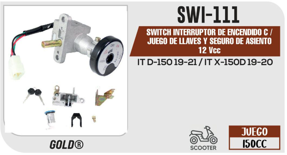 SWITCH INTERRUPTOR DE ENCENDIDO C /JUEGO DE LLAVES Y SEGURO DE ASIENTO 12Vcc