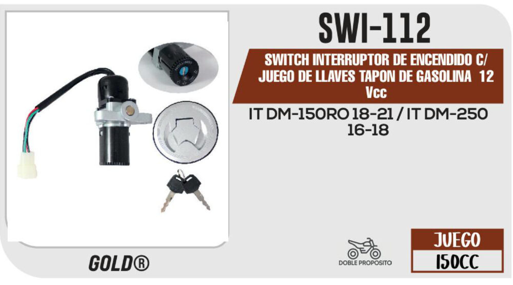 SWITCH INTERRUPTOR DE ENCENDIDO C/JUEGO DE LLAVES TAPON DE GASOLINA 12Vcc