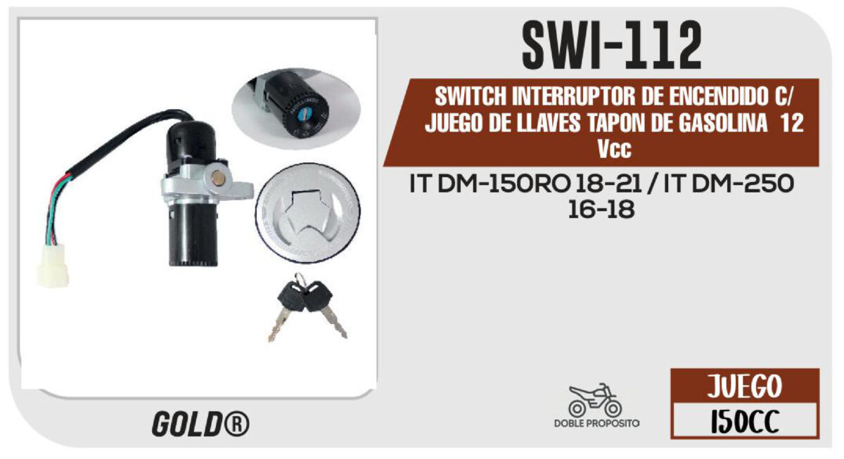SWITCH INTERRUPTOR DE ENCENDIDO C/JUEGO DE LLAVES TAPON DE GASOLINA 12Vcc