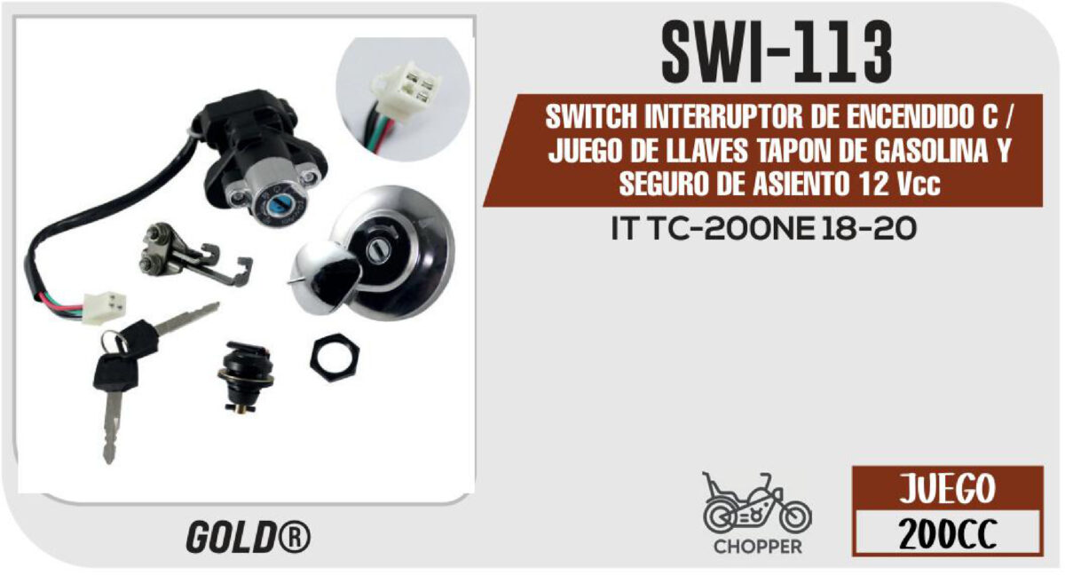 SWITCH INTERRUPTOR DE ENCENDIDO C /JUEGO DE LLAVES TAPON DE GASOLINA Y SEGURO DE ASIENTO 12Vcc