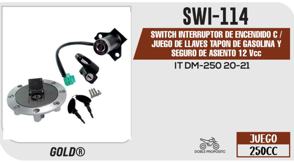 SWITCH INTERRUPTOR DE ENCENDIDO C /JUEGO DE LLAVES TAPON DE GASOLINA Y SEGURO DE ASIENTO 12Vcc