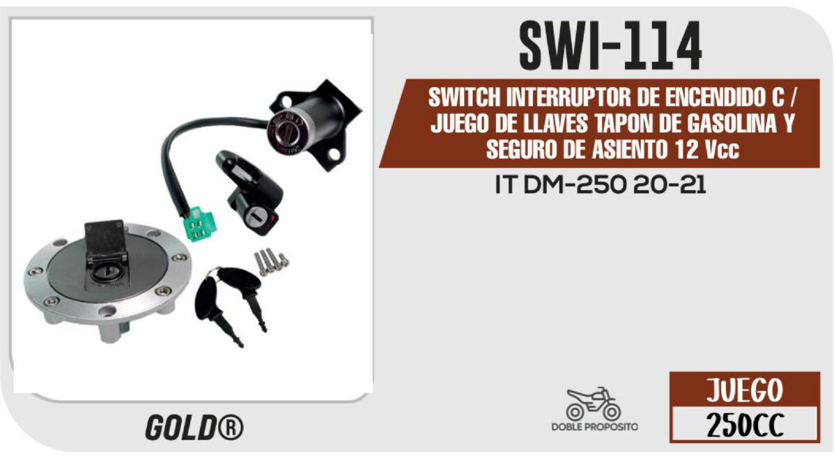 SWITCH INTERRUPTOR DE ENCENDIDO C /JUEGO DE LLAVES TAPON DE GASOLINA Y SEGURO DE ASIENTO 12Vcc