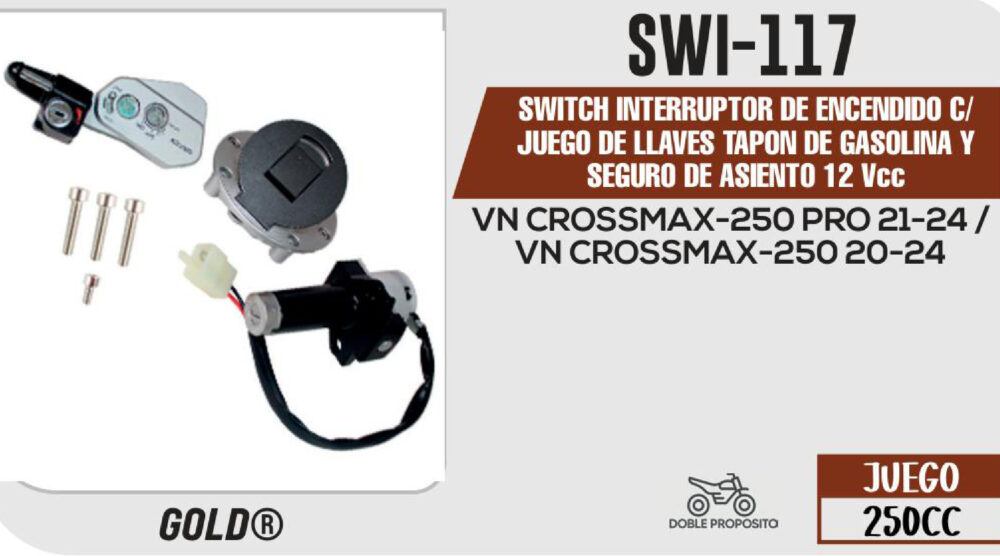 SWITCH INTERRUPTOR DE ENCENDIDO C/JUEGO DE LLAVES TAPON DE GASOLINA Y SEGURO DE ASIENTO 12Vcc