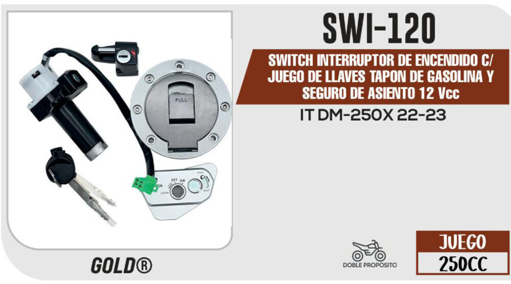 SWITCH INTERRUPTOR DE ENCENDIDO C/JUEGO DE LLAVES TAPON DE GASOLINA Y SEGURO DE ASIENTO 12Vcc