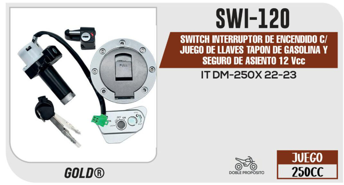 SWITCH INTERRUPTOR DE ENCENDIDO C/JUEGO DE LLAVES TAPON DE GASOLINA Y SEGURO DE ASIENTO 12Vcc