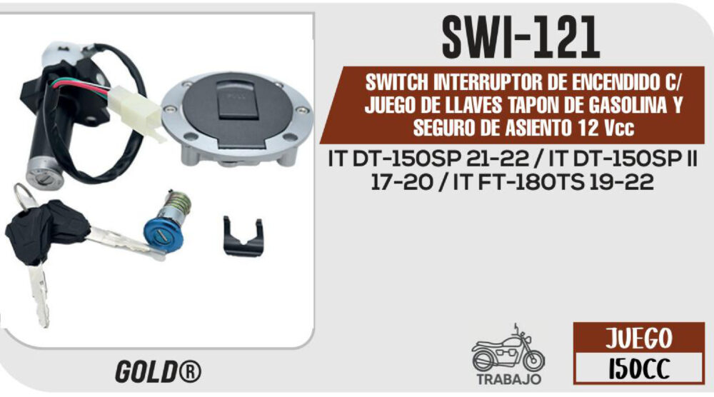 SWITCH INTERRUPTOR DE ENCENDIDO C/JUEGO DE LLAVES TAPON DE GASOLINA Y SEGURO DE ASIENTO 12Vcc
