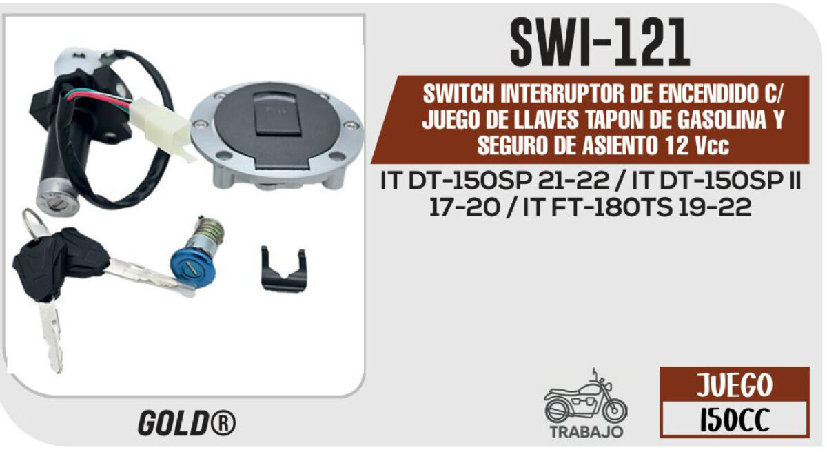 SWITCH INTERRUPTOR DE ENCENDIDO C/JUEGO DE LLAVES TAPON DE GASOLINA Y SEGURO DE ASIENTO 12Vcc