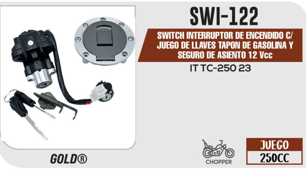 SWITCH INTERRUPTOR DE ENCENDIDO C/JUEGO DE LLAVES TAPON DE GASOLINA Y SEGURO DE ASIENTO 12Vcc