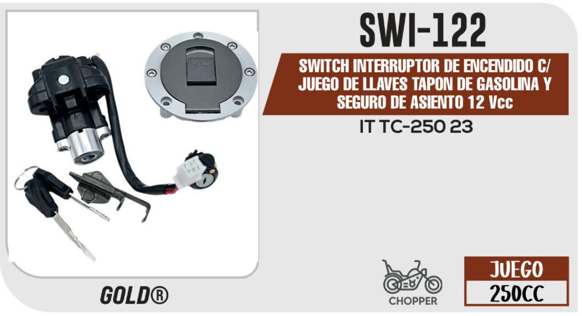 SWITCH INTERRUPTOR DE ENCENDIDO C/JUEGO DE LLAVES TAPON DE GASOLINA Y SEGURO DE ASIENTO 12Vcc