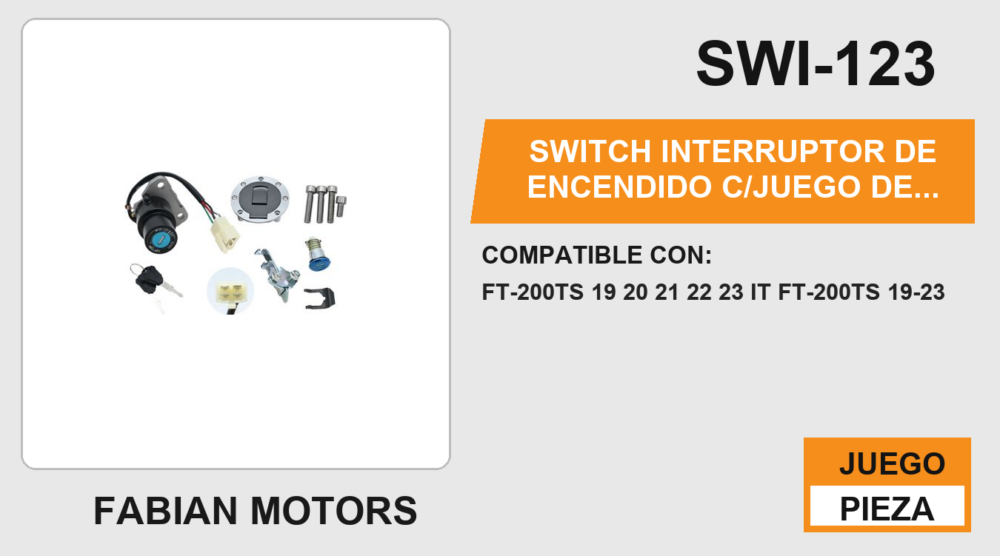 SWITCH INTERRUPTOR DE ENCENDIDO C/JUEGO DE LLAVES TAPON DE GASOLINA Y SEGURO DE ASIENTO 12Vcc