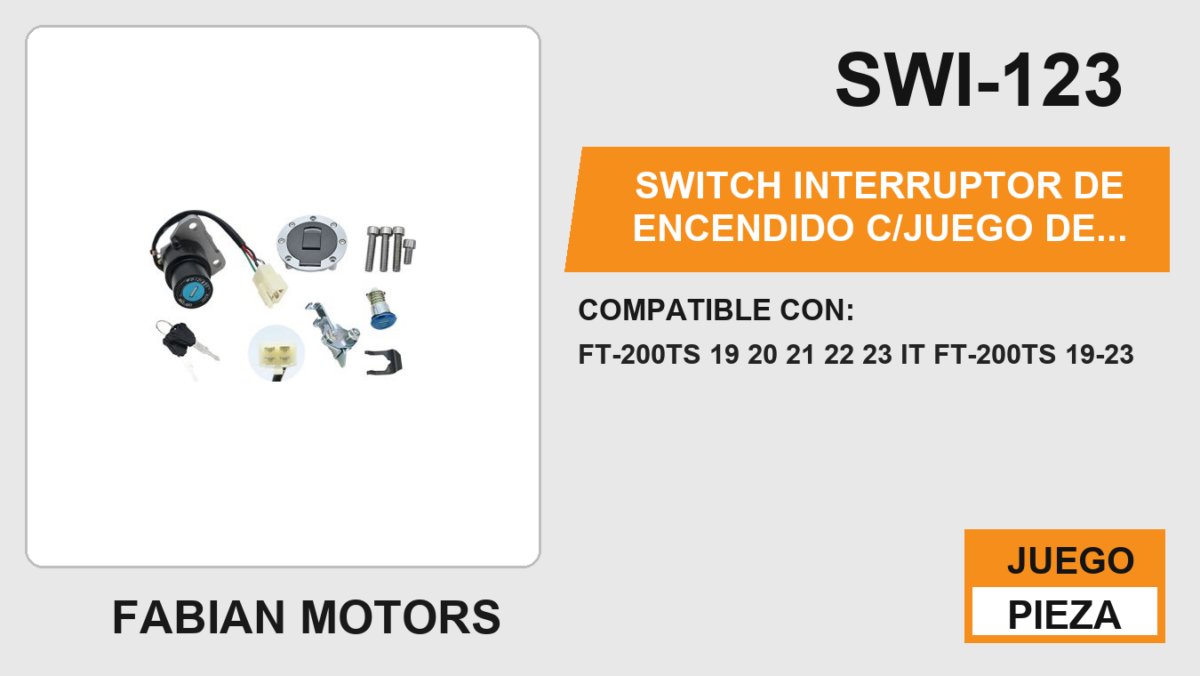 SWITCH INTERRUPTOR DE ENCENDIDO C/JUEGO DE LLAVES TAPON DE GASOLINA Y SEGURO DE ASIENTO 12Vcc