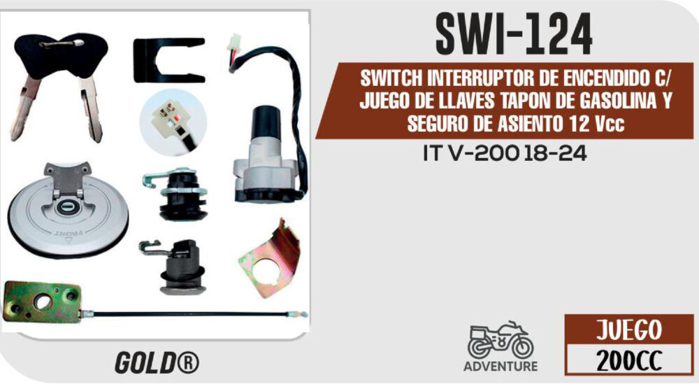 SWITCH INTERRUPTOR DE ENCENDIDO C/JUEGO DE LLAVES TAPON DE GASOLINA Y SEGURO DE ASIENTO 12Vcc