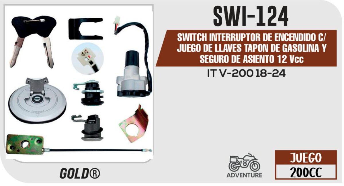 SWITCH INTERRUPTOR DE ENCENDIDO C/JUEGO DE LLAVES TAPON DE GASOLINA Y SEGURO DE ASIENTO 12Vcc