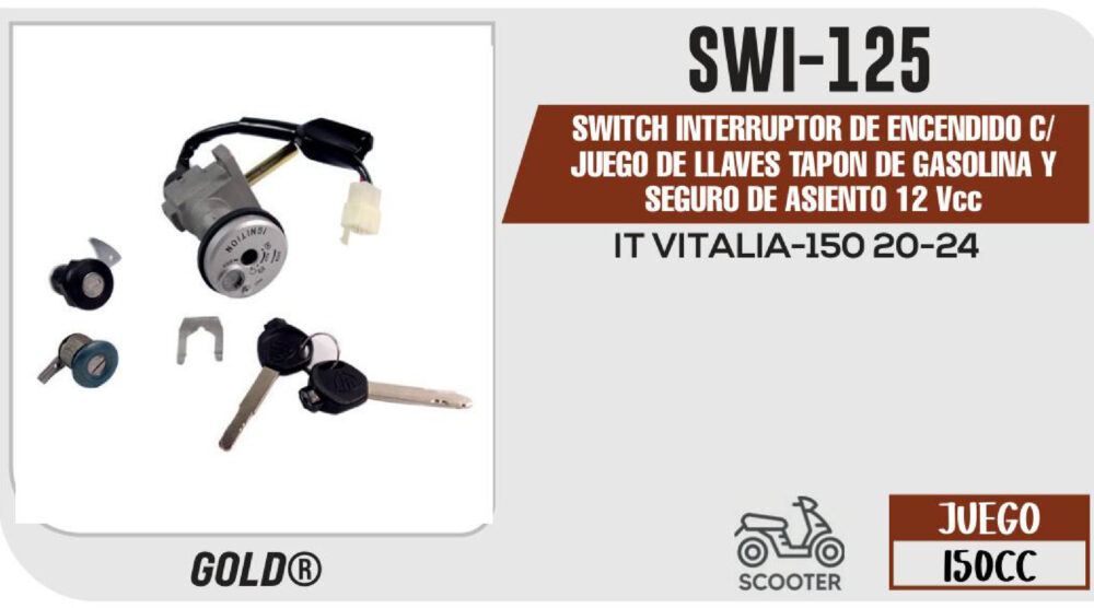 SWITCH INTERRUPTOR DE ENCENDIDO C/JUEGO DE LLAVES Y SEGURO DE ASIENTO 12Vcc