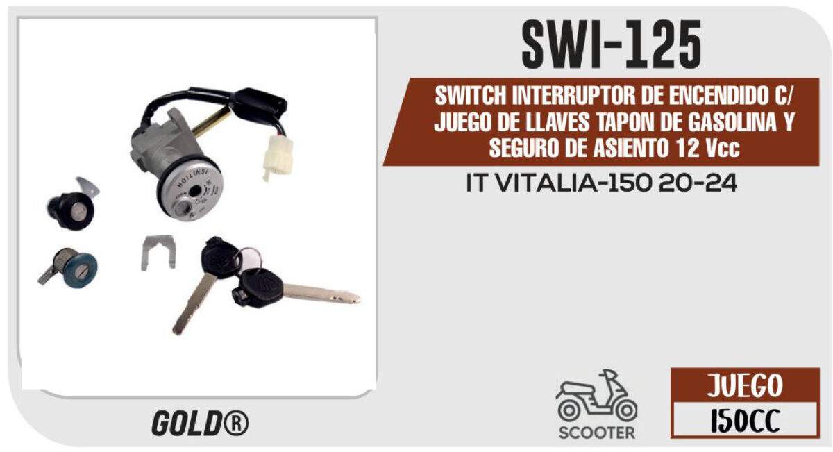 SWITCH INTERRUPTOR DE ENCENDIDO C/JUEGO DE LLAVES Y SEGURO DE ASIENTO 12Vcc