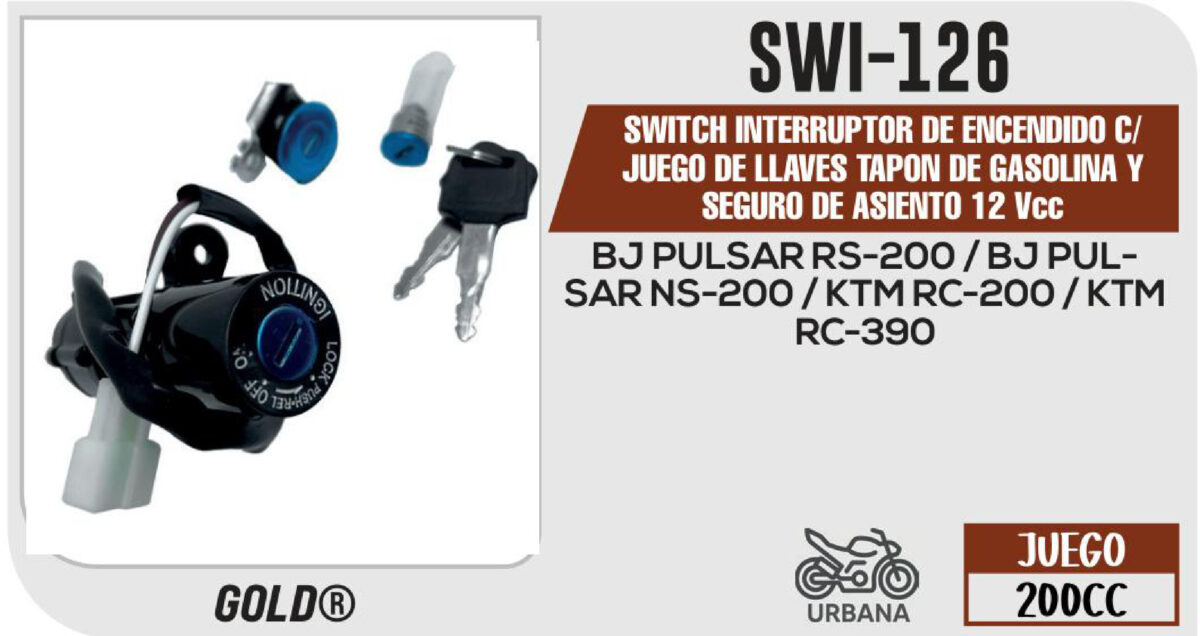 SWITCH INTERRUPTOR DE ENCENDIDO C/JUEGO DE LLAVES Y SEGURO DE ASIENTO 12Vcc