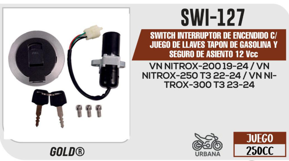 SWITCH INTERRUPTOR DE ENCENDIDO C/JUEGO DE LLAVES TAPON DE GASOLINA Y SEGURO DE ASIENTO 12Vcc