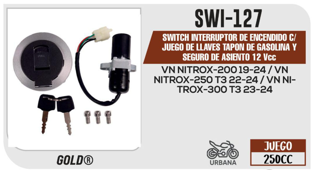 SWITCH INTERRUPTOR DE ENCENDIDO C/JUEGO DE LLAVES TAPON DE GASOLINA Y SEGURO DE ASIENTO 12Vcc
