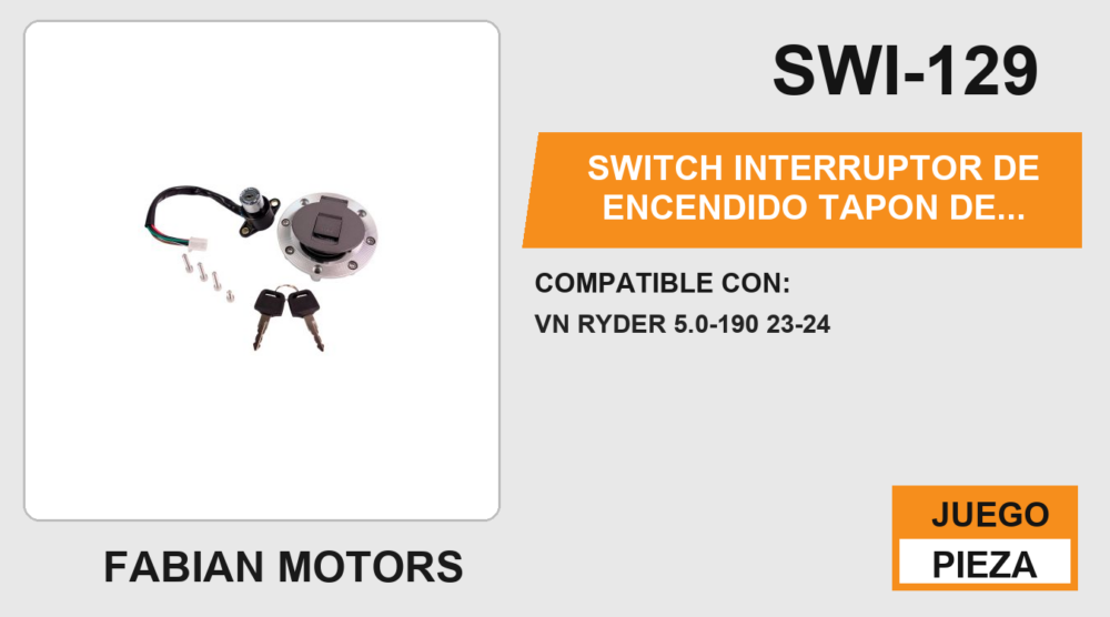 SWITCH INTERRUPTOR DE ENCENDIDO TAPON DE GASOLINA C/ JUEGO DE LLAVES 12Vcc
