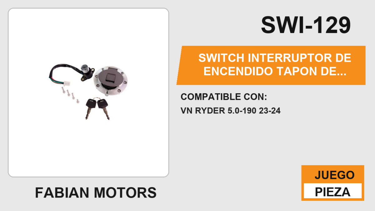 SWITCH INTERRUPTOR DE ENCENDIDO TAPON DE GASOLINA C/ JUEGO DE LLAVES 12Vcc