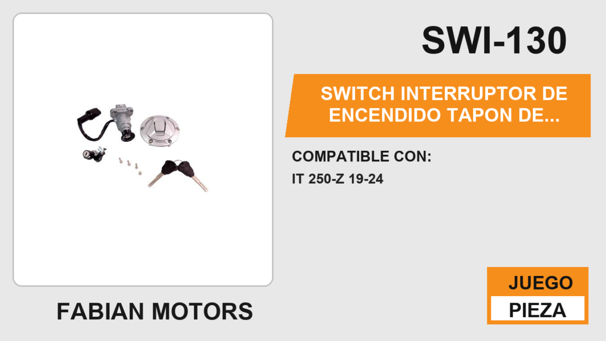 SWITCH INTERRUPTOR DE ENCENDIDO TAPON DE GASOLINA C/ JUEGO DE LLAVES 12Vcc