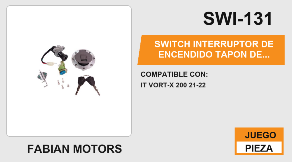 SWITCH INTERRUPTOR DE ENCENDIDO TAPON DE GASOLINA C/ JUEGO DE LLAVES 12Vcc