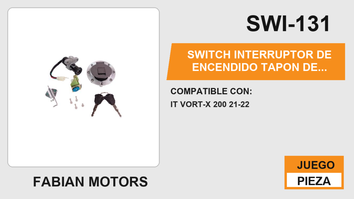 SWITCH INTERRUPTOR DE ENCENDIDO TAPON DE GASOLINA C/ JUEGO DE LLAVES 12Vcc