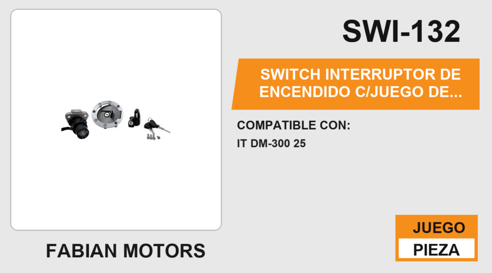 SWITCH INTERRUPTOR DE ENCENDIDO C/JUEGO DE LLAVES TAPON DE GASOLINA Y SEGURO DE ASIENTO 12Vcc