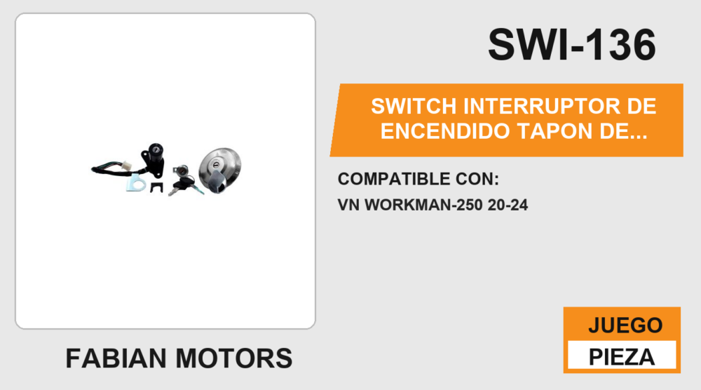 SWITCH INTERRUPTOR DE ENCENDIDO TAPON DE GASOLINA C/ JUEGO DE LLAVES 12Vcc