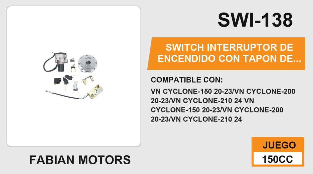 SWITCH INTERRUPTOR DE ENCENDIDO CON TAPON DE GASOLINA Y SEGURO DE ASIENTO C/JUEGO DE LLAVES 12 Vcc