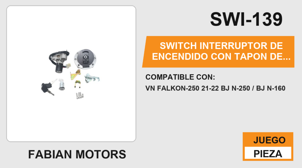 SWITCH INTERRUPTOR DE ENCENDIDO CON TAPON DE GASOLINA Y SEGURO DE ASIENTO C/JUEGO DE LLAVES 12 Vcc