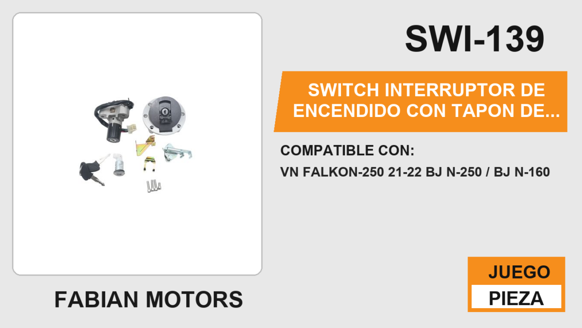 SWITCH INTERRUPTOR DE ENCENDIDO CON TAPON DE GASOLINA Y SEGURO DE ASIENTO C/JUEGO DE LLAVES 12 Vcc