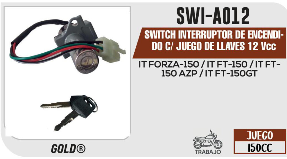 SWITCH INTERRUPTOR DE ENCENDIDO C/ JUEGO DE LLAVES 12Vcc