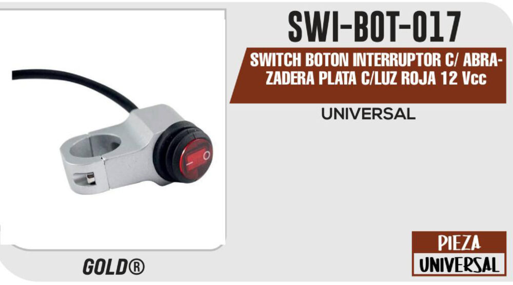 SWITCH BOTON INTERRUPTOR C/ ABRAZADERA PLATA C/LUZ ROJA 12Vcc