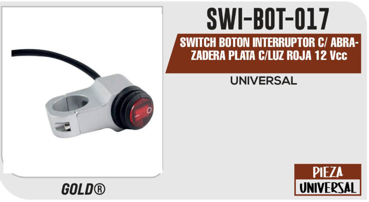 SWITCH BOTON INTERRUPTOR C/ ABRAZADERA PLATA C/LUZ ROJA 12Vcc