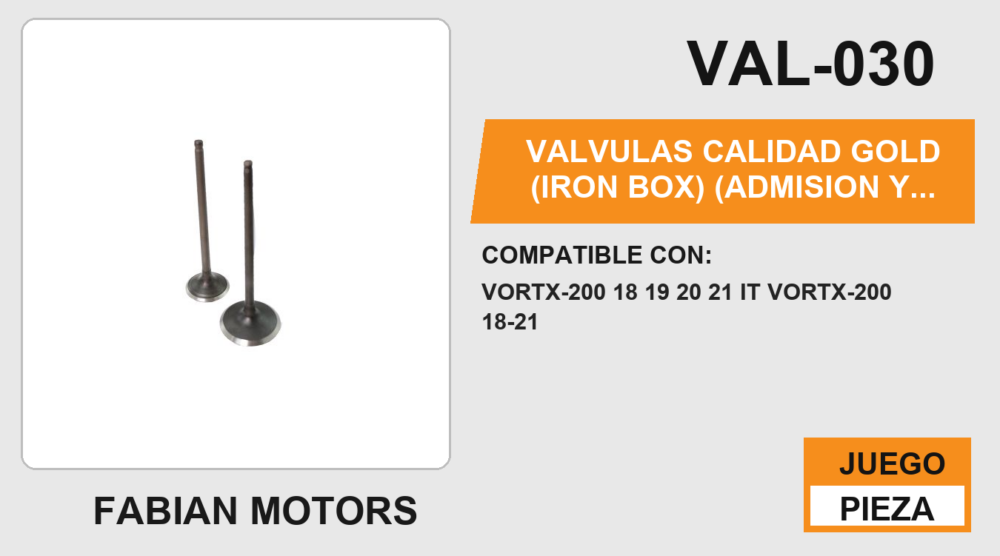 VALVULAS CALIDAD GOLD (IRON BOX) (ADMISION Y ESCAPE)