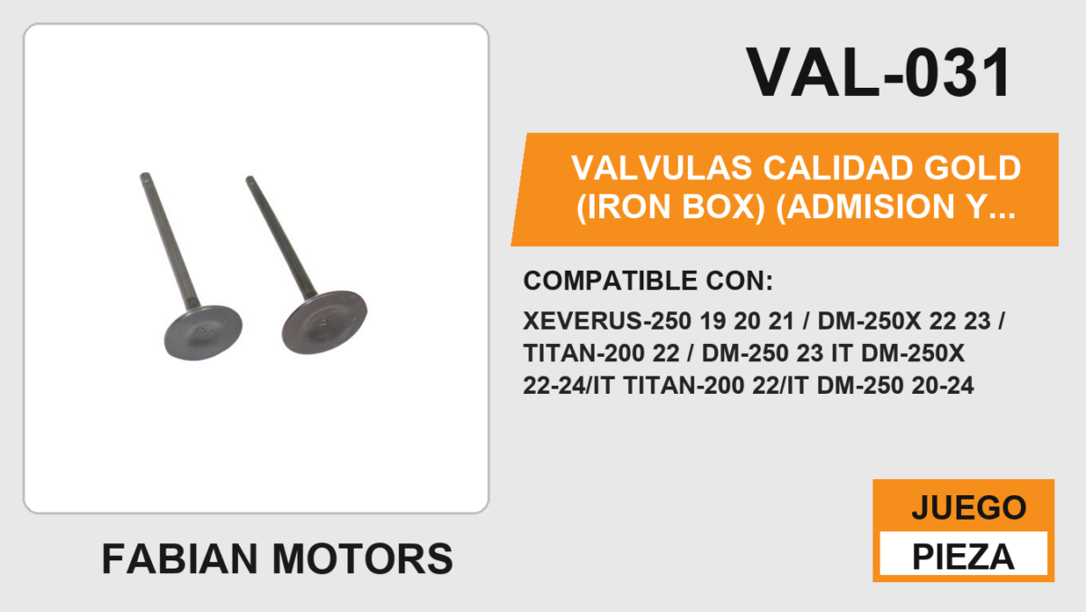 VALVULAS CALIDAD GOLD (IRON BOX) (ADMISION Y ESCAPE)