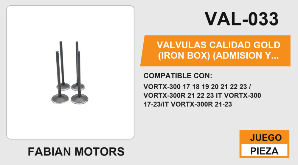 VALVULAS CALIDAD GOLD (IRON BOX) (ADMISION Y ESCAPE)