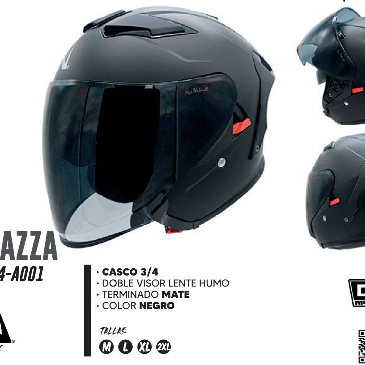 LOTE - CASCO PARA MOTOCICLISTA MODULAR A-HELMET CERTIFICADO DOT MATE DOBLE VISOR LENTE HUMO / CAS-3/4-A001-L